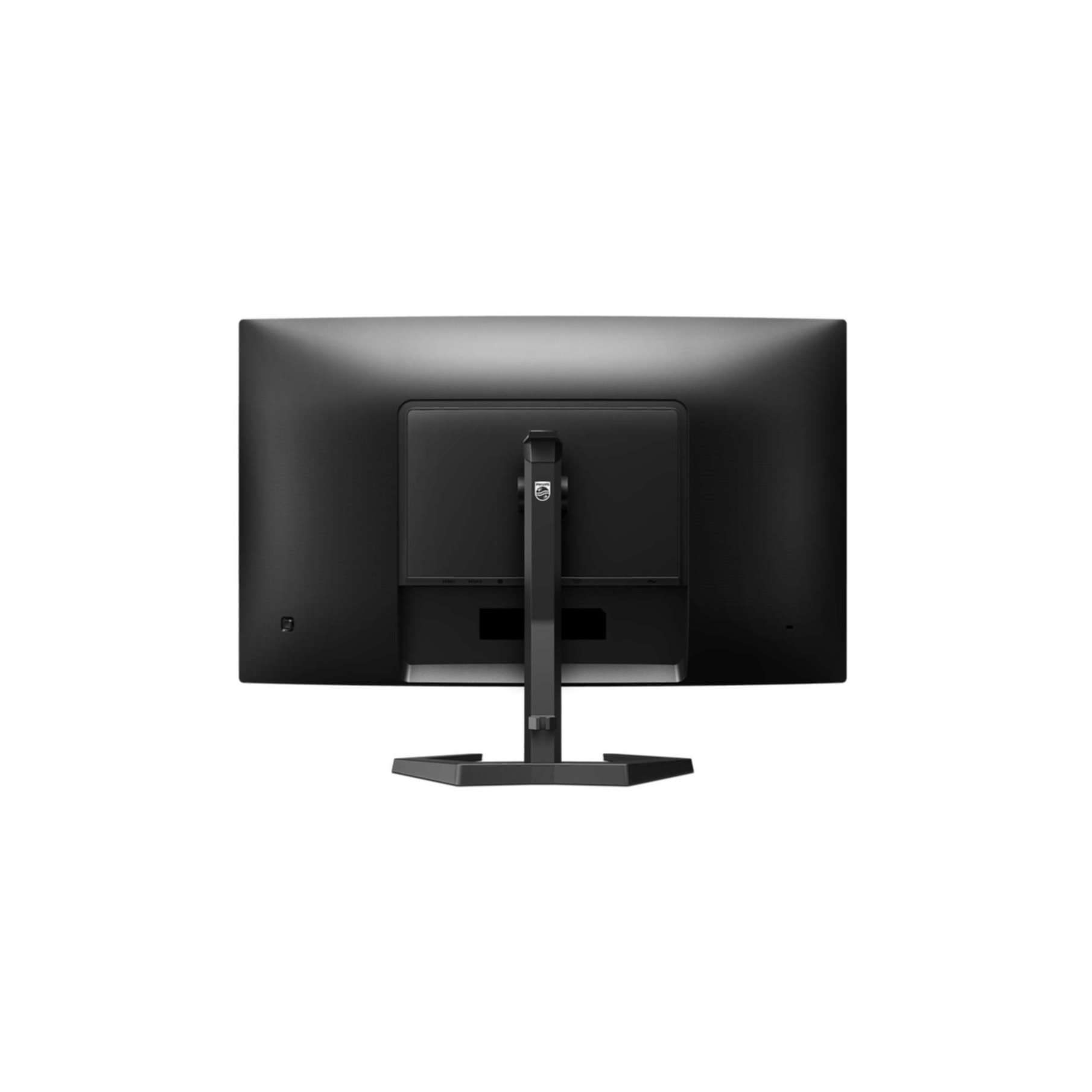 Parte trasera de monitor negro, con soporte, aislado sobre fondo blanco.