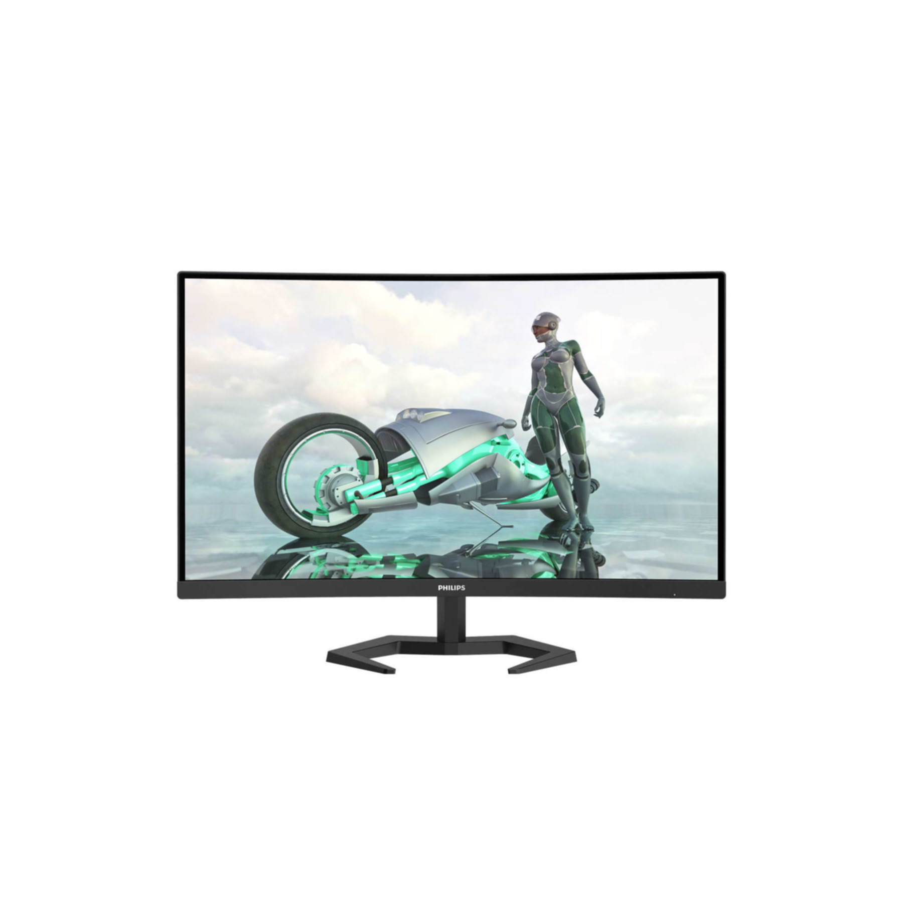 Monitor de pantalla curva, mostrando una escena futurista con una motocicleta y una figura femenina.