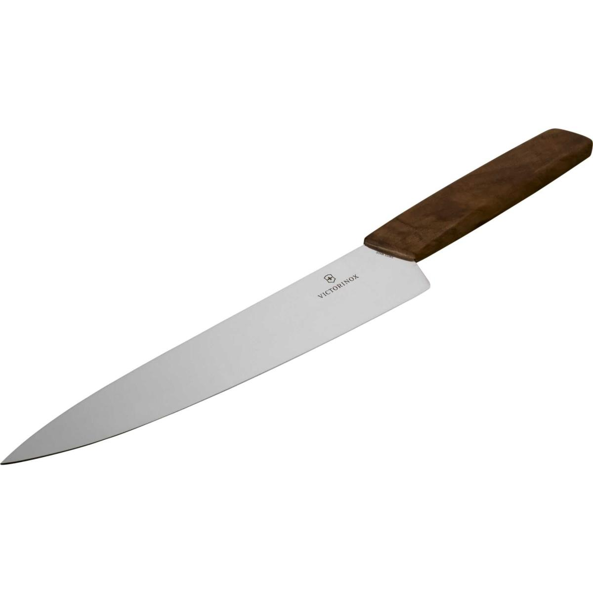 Messer mit braunem Griff und silberner Klinge. Der Markenname ist Victorinox.