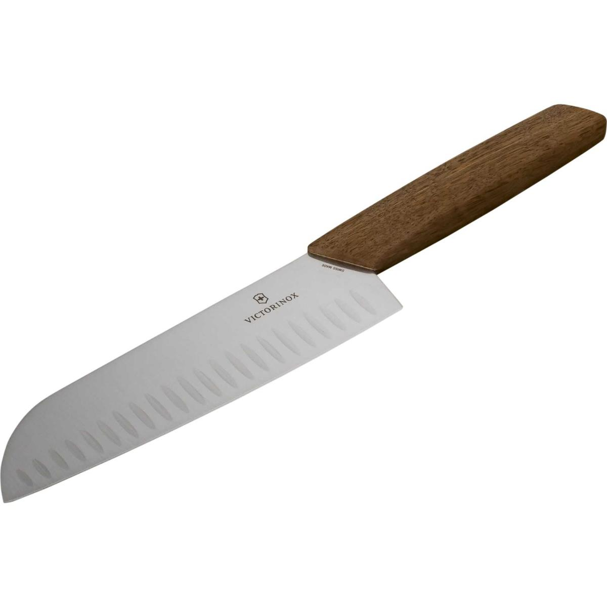 Victorinox Küchenmesser, Holzgriff, silberne Klinge, weißer Hintergrund.
