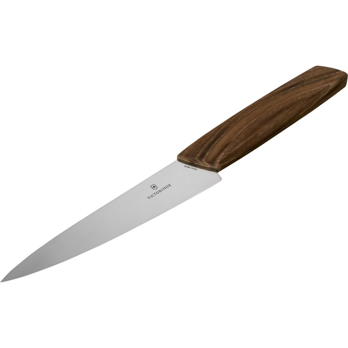 Messer mit braunem Griff und silberner Klinge. Der Markenname ist Victorinox.