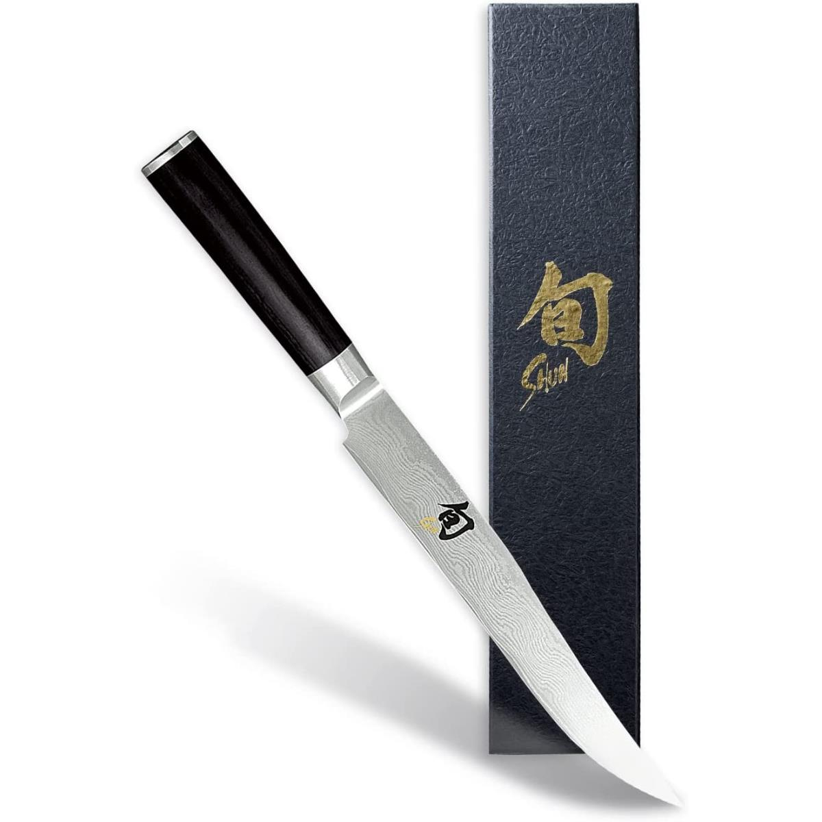 Shun Küchenmesser und Box, schwarzer Griff, silberne Klinge.