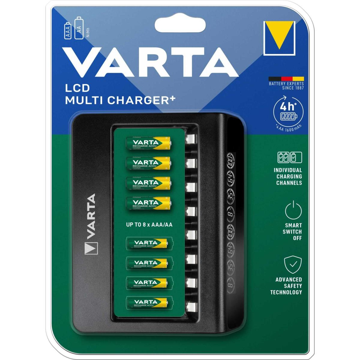 Cargador múltiple VARTA LCD, negro, con baterías dentro. Muestra niveles de carga, canales individuales y seguridad.