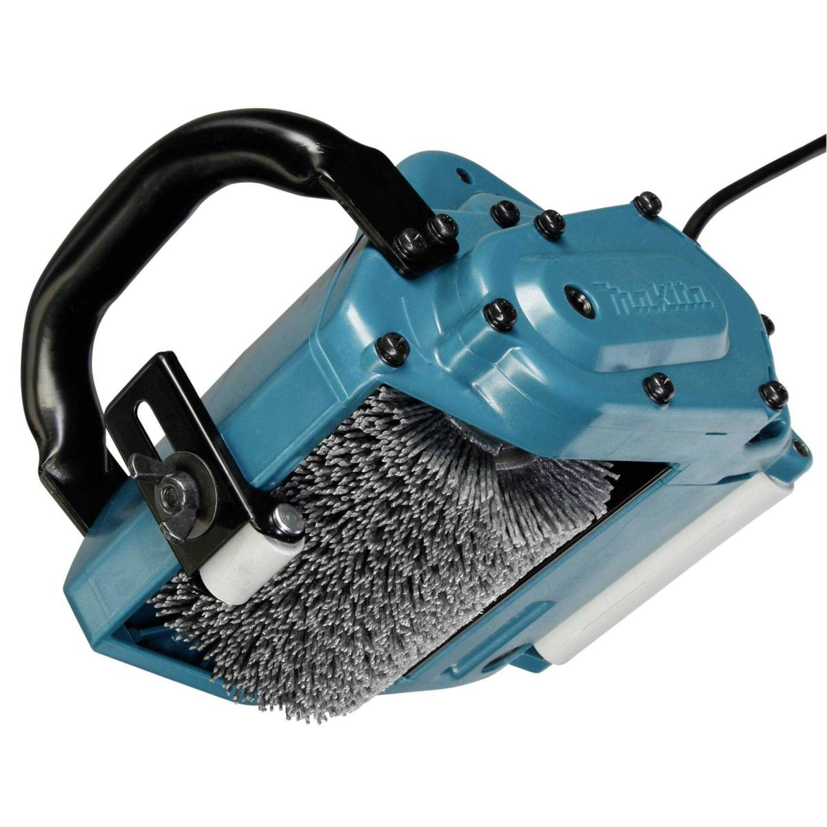 Blaues Elektrowerkzeug mit Bürstenkopf, schwarzer Griff.
