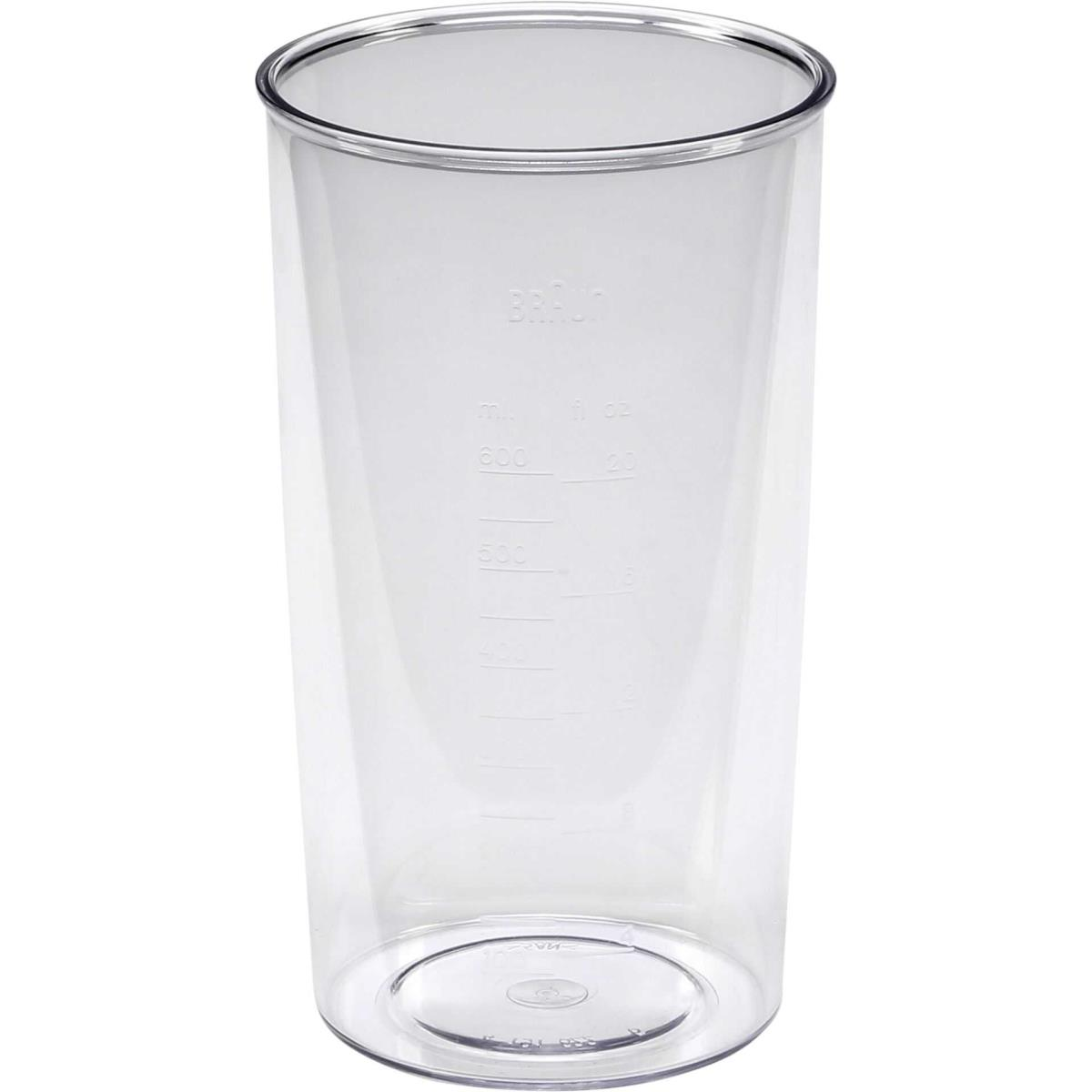 Şeffaf Braun blender kabı. Ölçüm işaretleri görünür. Kap şeffaftır.