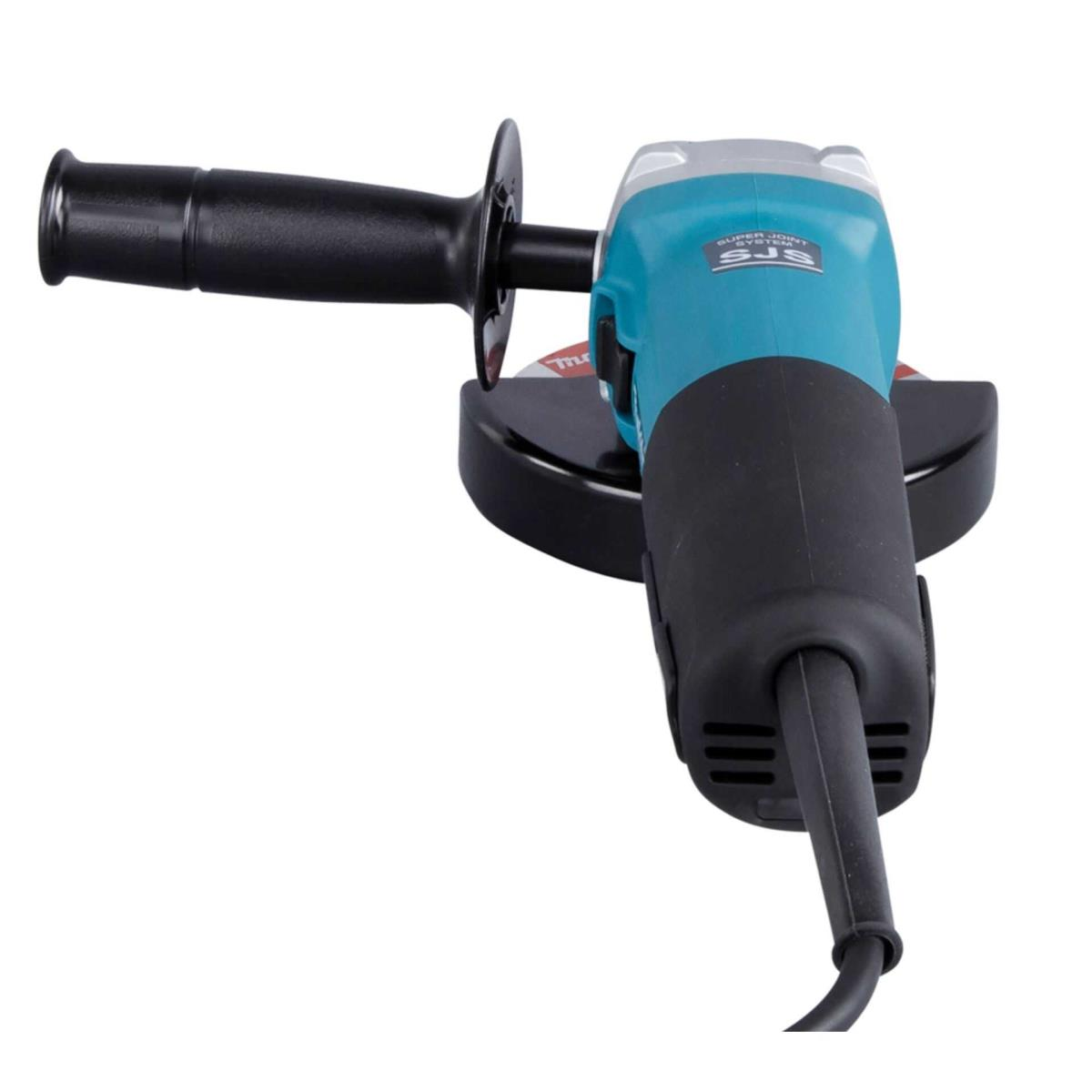 Top view of an angle grinder. It has a black handle and a blue body with a black power cord.