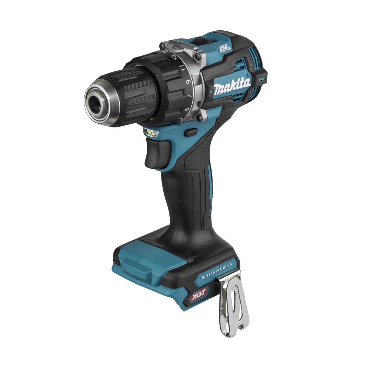 Taladro inalámbrico Makita, negro y turquesa. XGT, sin escobillas. Cabezal del taladro con números. Clip cinturón metal.