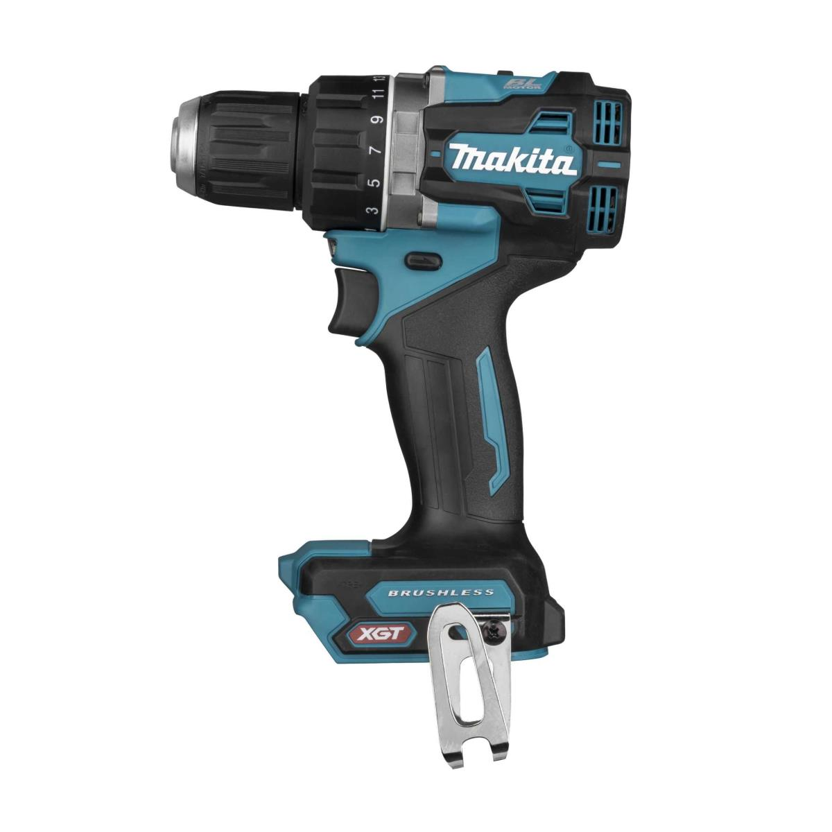 Taladro inalámbrico Makita, negro y turquesa. XGT, sin escobillas. Cabezal del taladro con números. Clip cinturón metal.