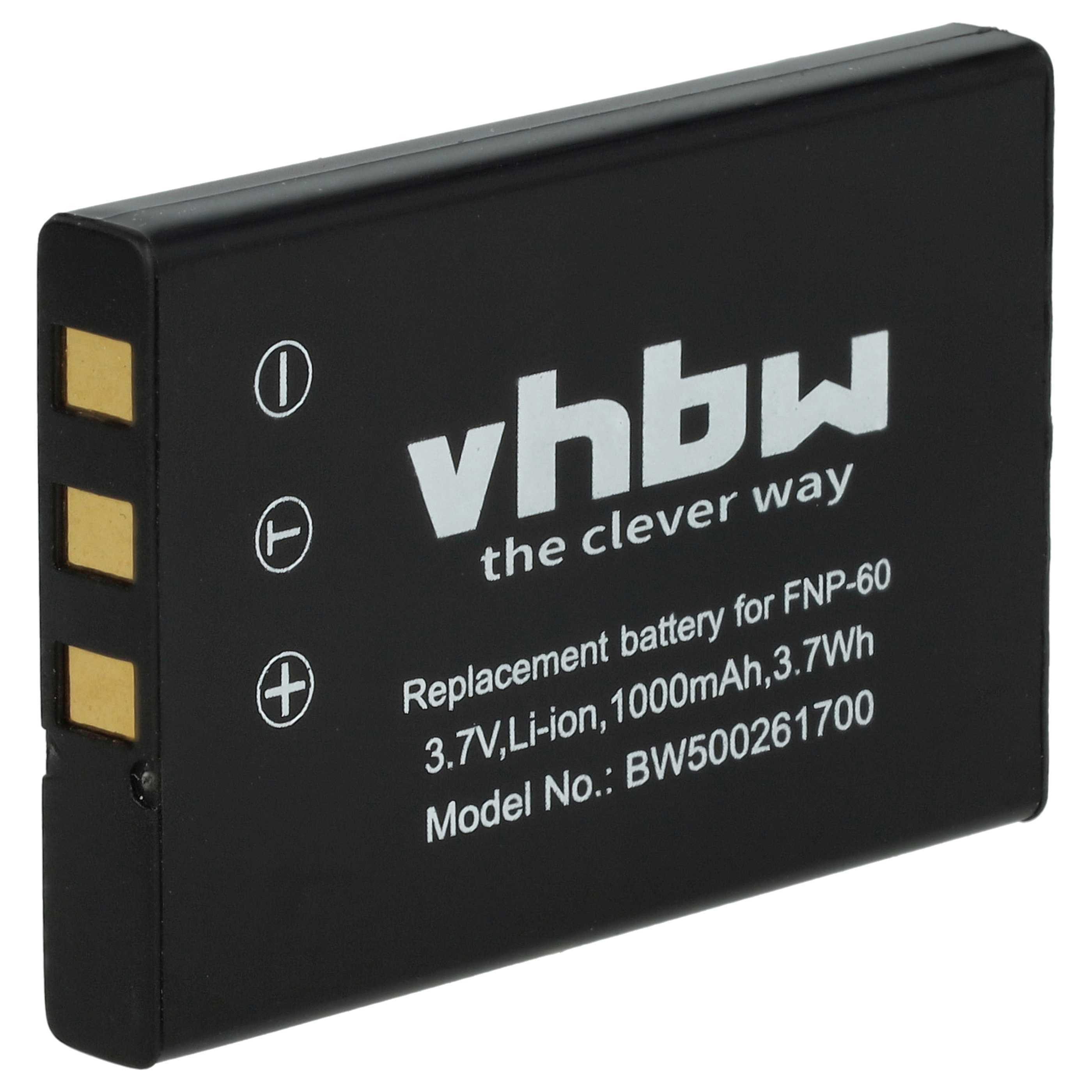 Ein schwarzer vhbw-Batterieersatz für FNP-60, mit aufgedruckten Details. Es ist auf Weiß.