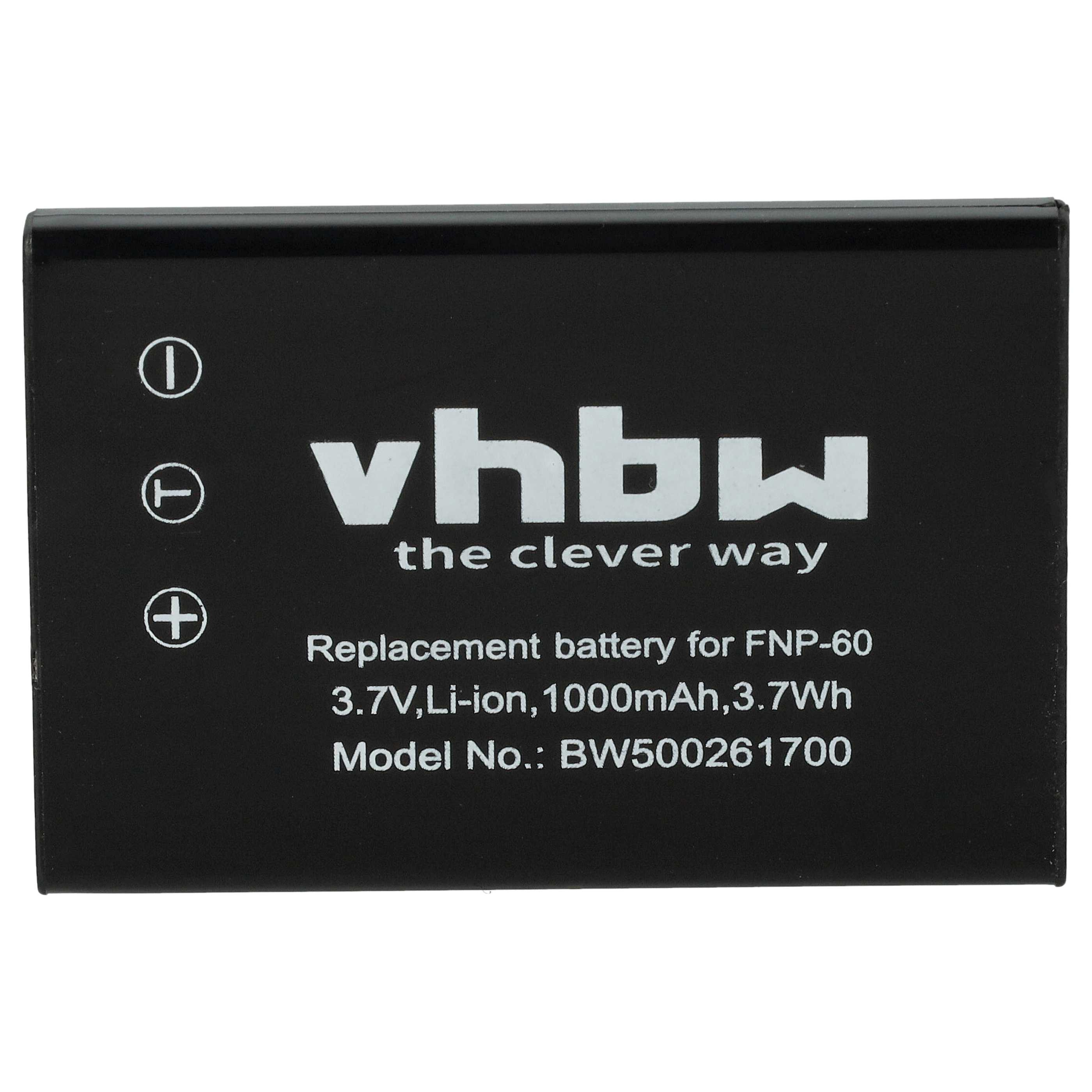 Schwarzer Akku mit weißem Text: 'vhbw the clever way'. Ersatzakku für FNP-60, 3,7V, Li-Ion.