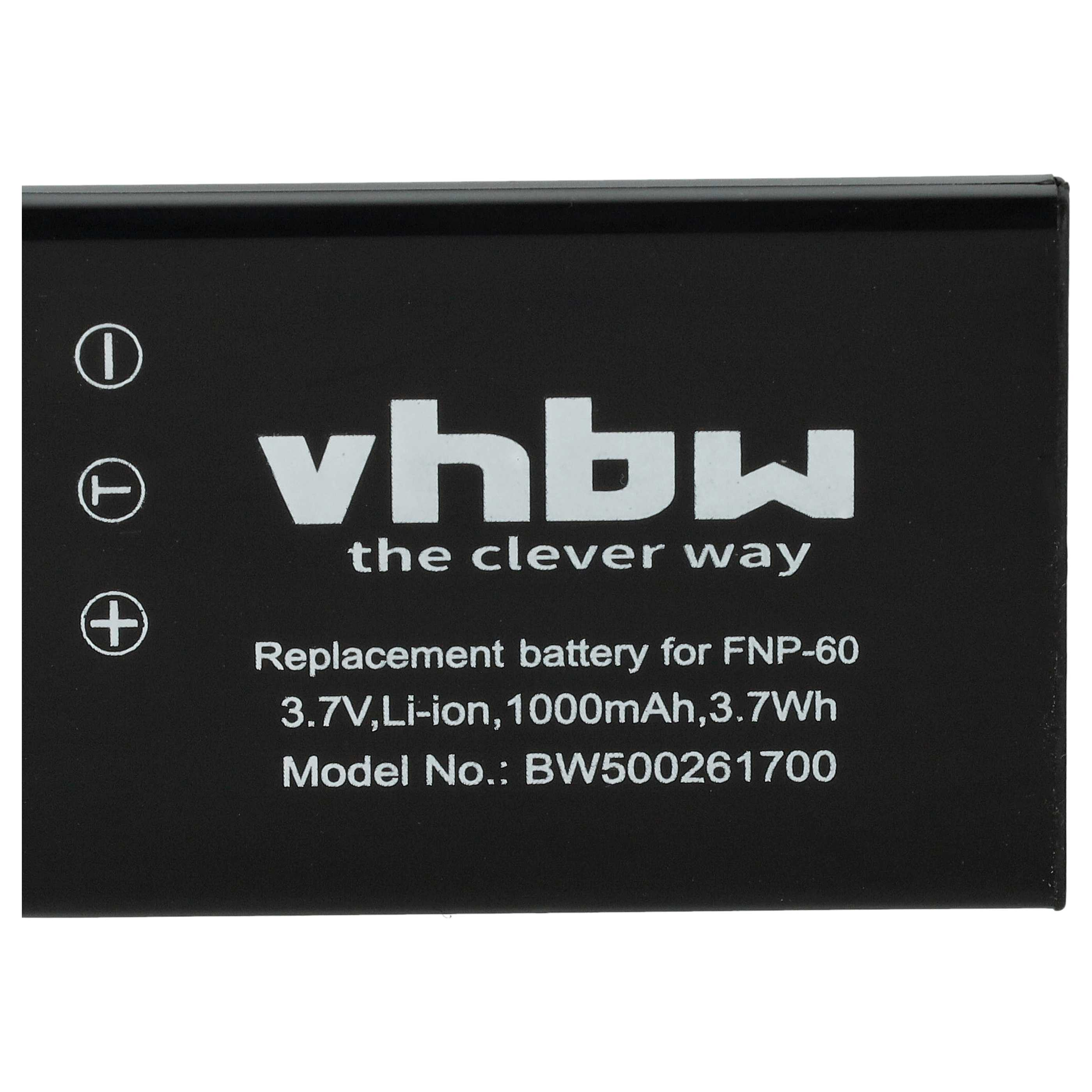 Schwarze Batterie, weißes vhbw-Logo. Text: Ersatzbatterie für FNP-60, 3,7 V, Li-Ion, 1000 mAh, 3,7 Wh.