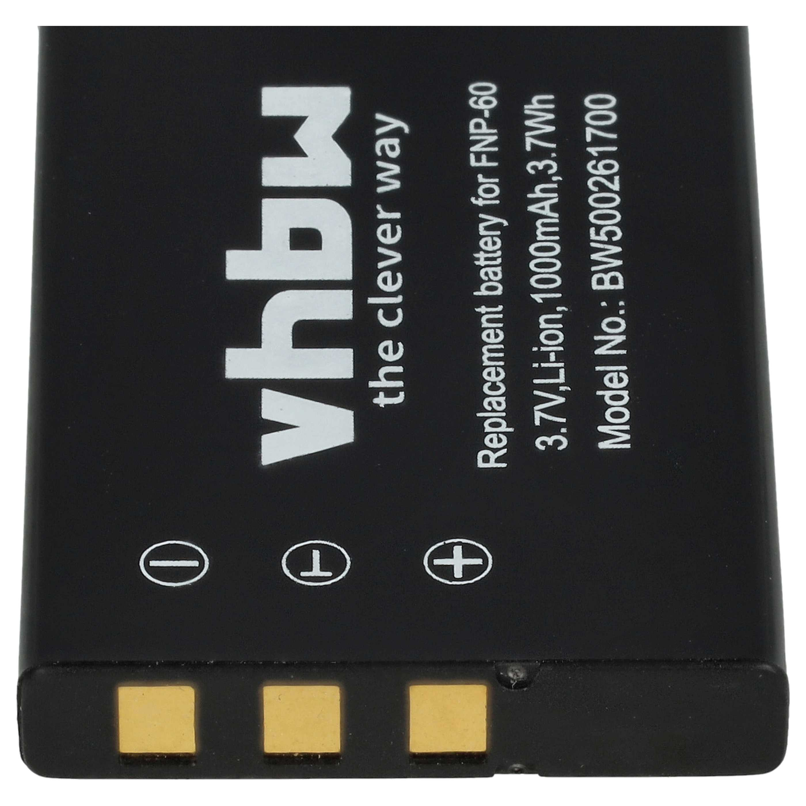 Schwarze vhbw Batterie, Specs: 3,7V Li-Ion, 1000mAh, Modell BW500261700, weißer Hintergrund.