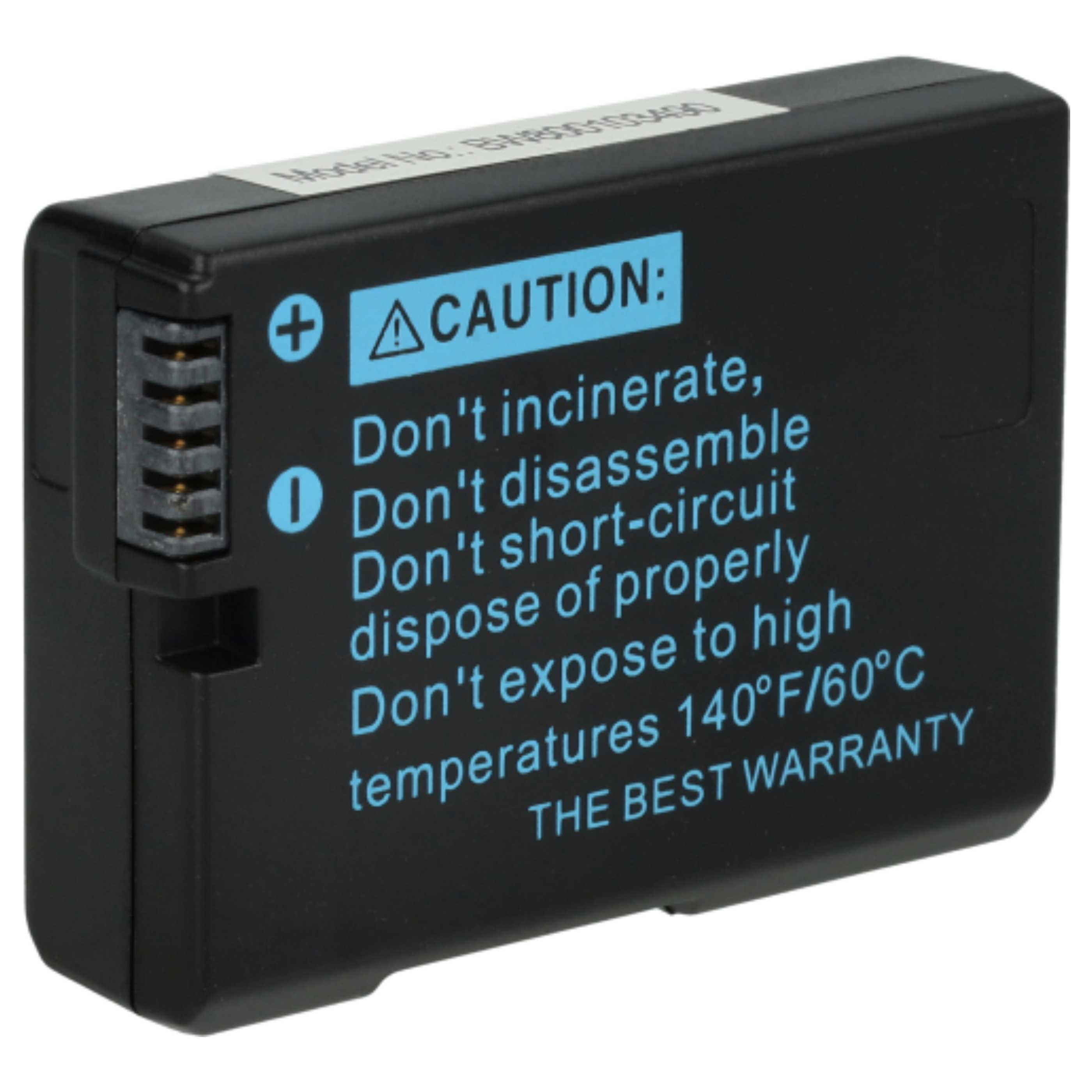 Schwarze Batterie mit Vorsichthinweis. Plus-Symbol und ein Informationssymbol.