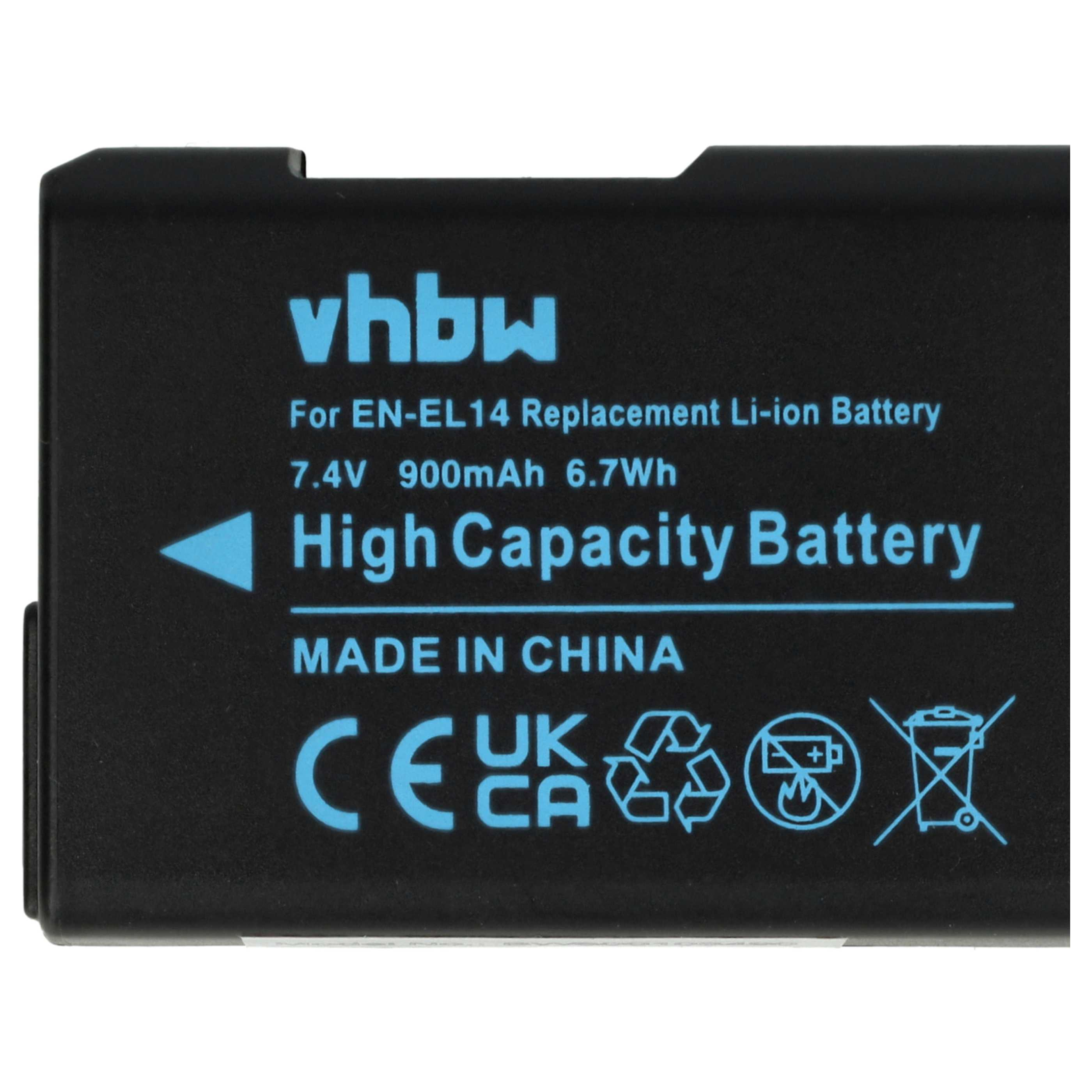 Ein schwarzer vhbw-Akku mit der Aufschrift 'High Capacity Battery' mit Spezifikationen und Sicherheitssymbolen.