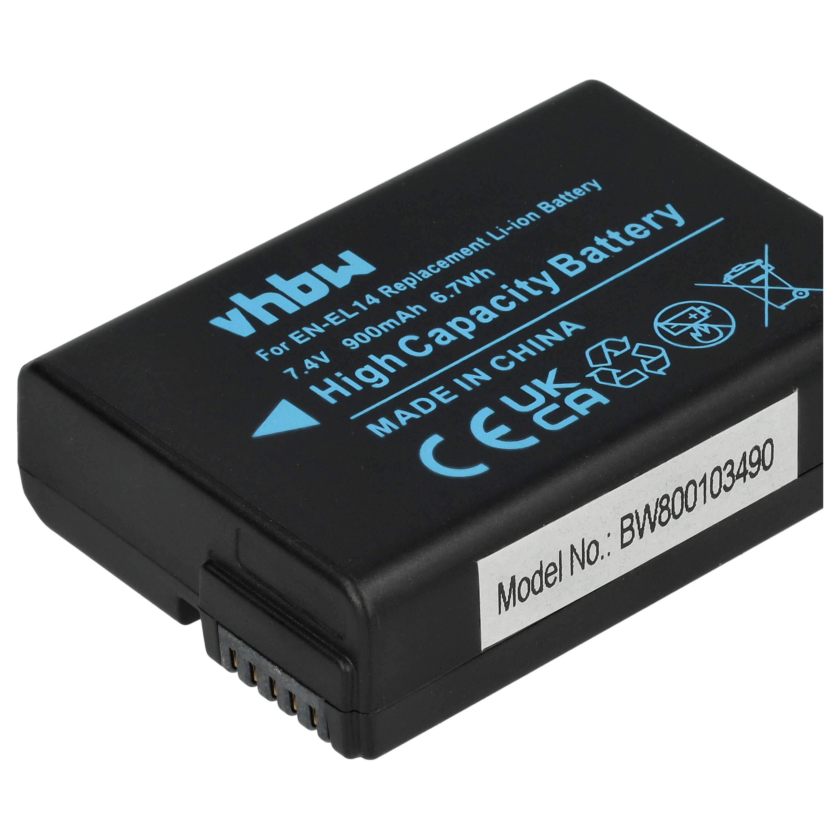 Schwarze Batterie mit weißem Text. Text beinhaltet: vhbw, 900mAh, Made in China. Weißer Hintergrund.