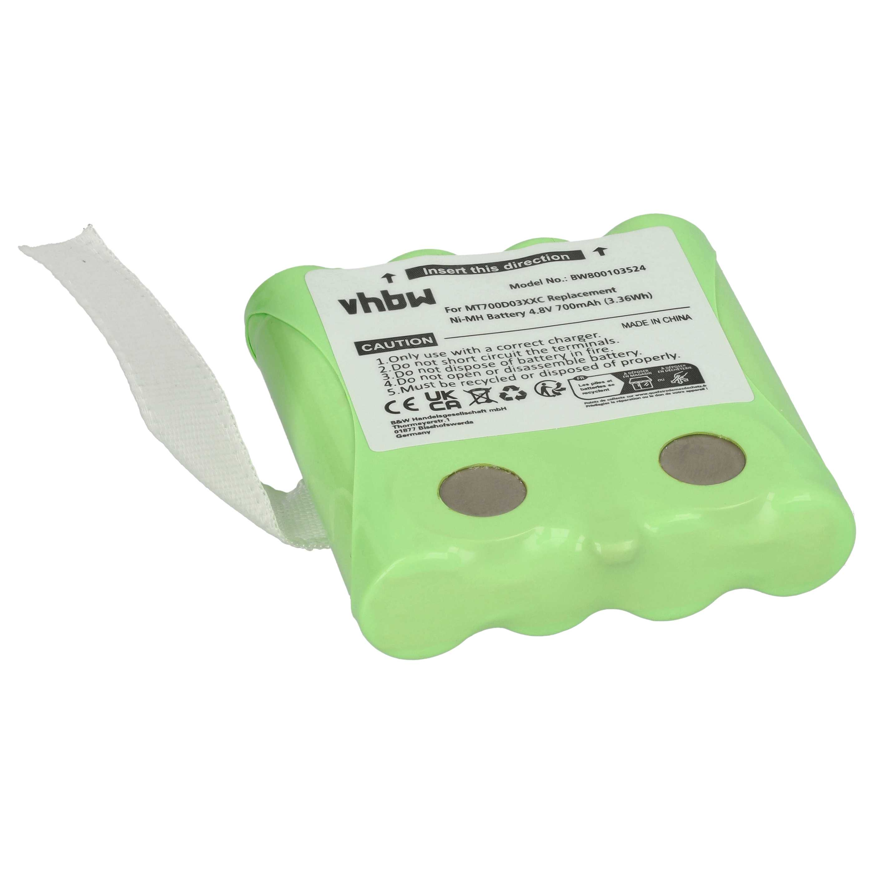 Ein grünes Batteriepack mit weißem Etikett und weißem Klebeband, freigestellt.