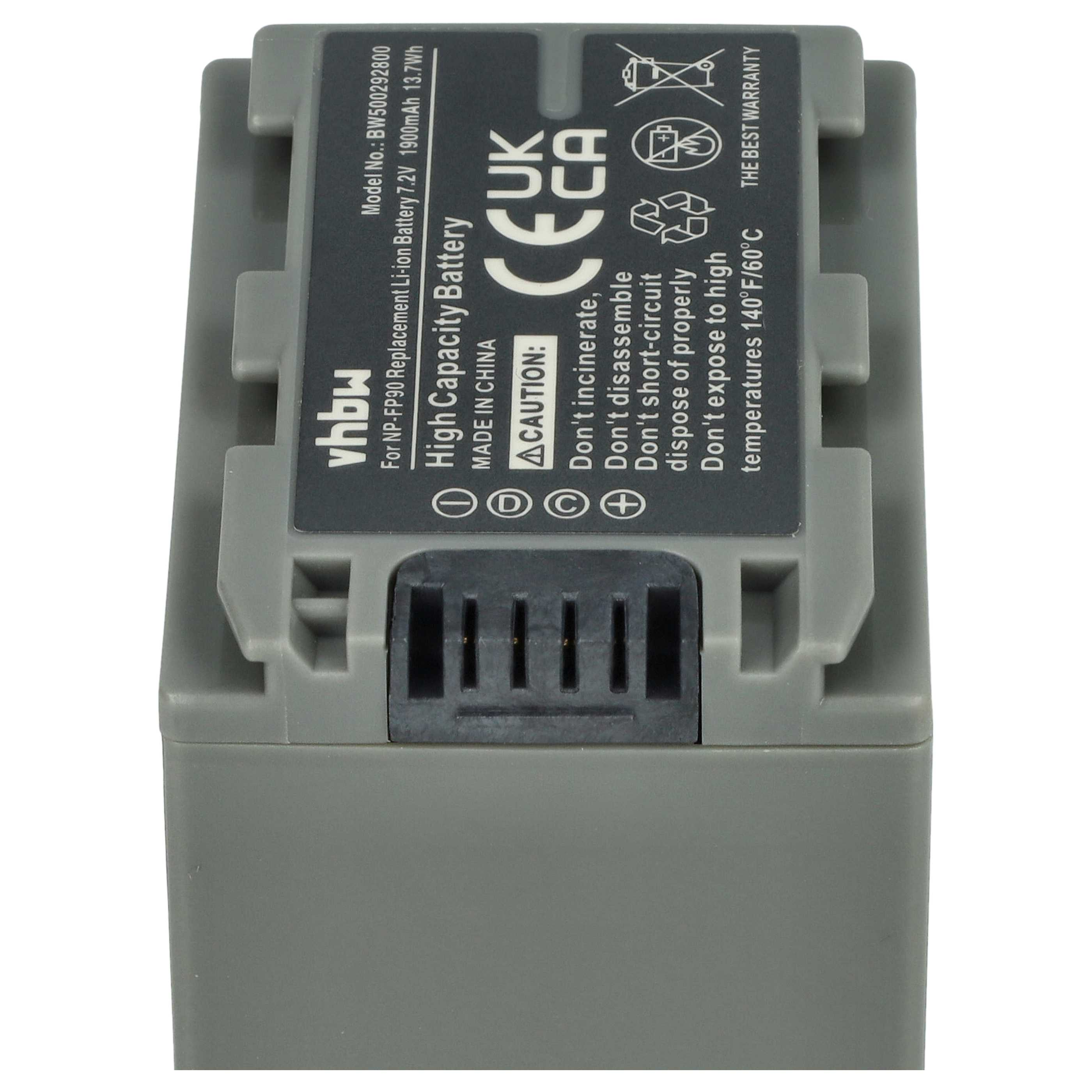 Eine graue Kamera-Batterie mit schwarzem Text und Warnhinweisen.