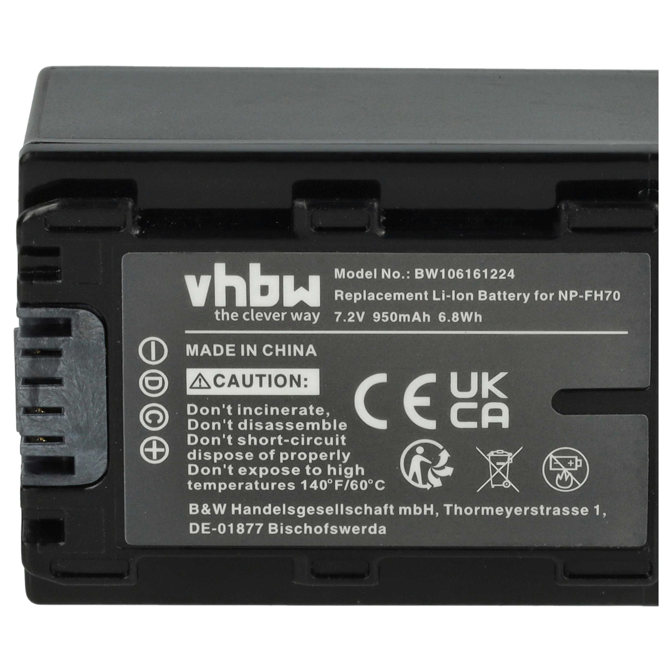 Schwarze vhbw Ersatzbatterie mit Textaufklebern, einem Vorsichtshinweis und einem CE-Zeichen.