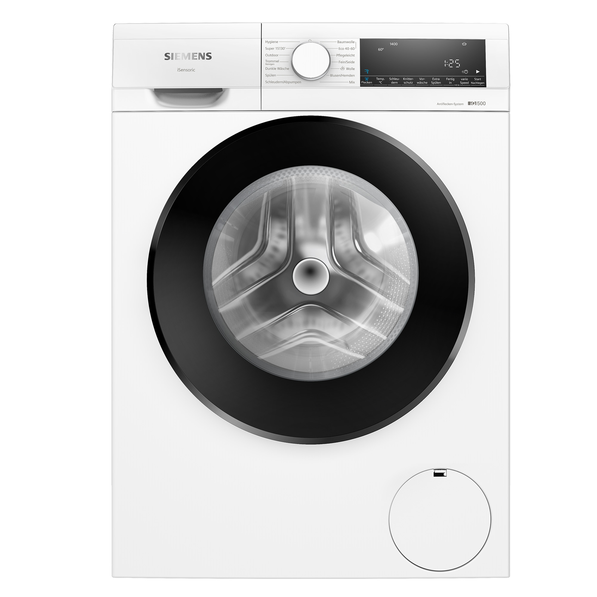 Biała pralka Siemens z czarnymi drzwiami i panelem sterowania.