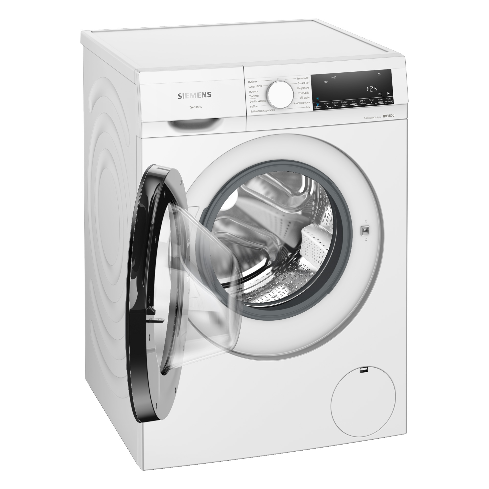 Biała pralka z otwartymi drzwiami pokazującymi wnętrze.