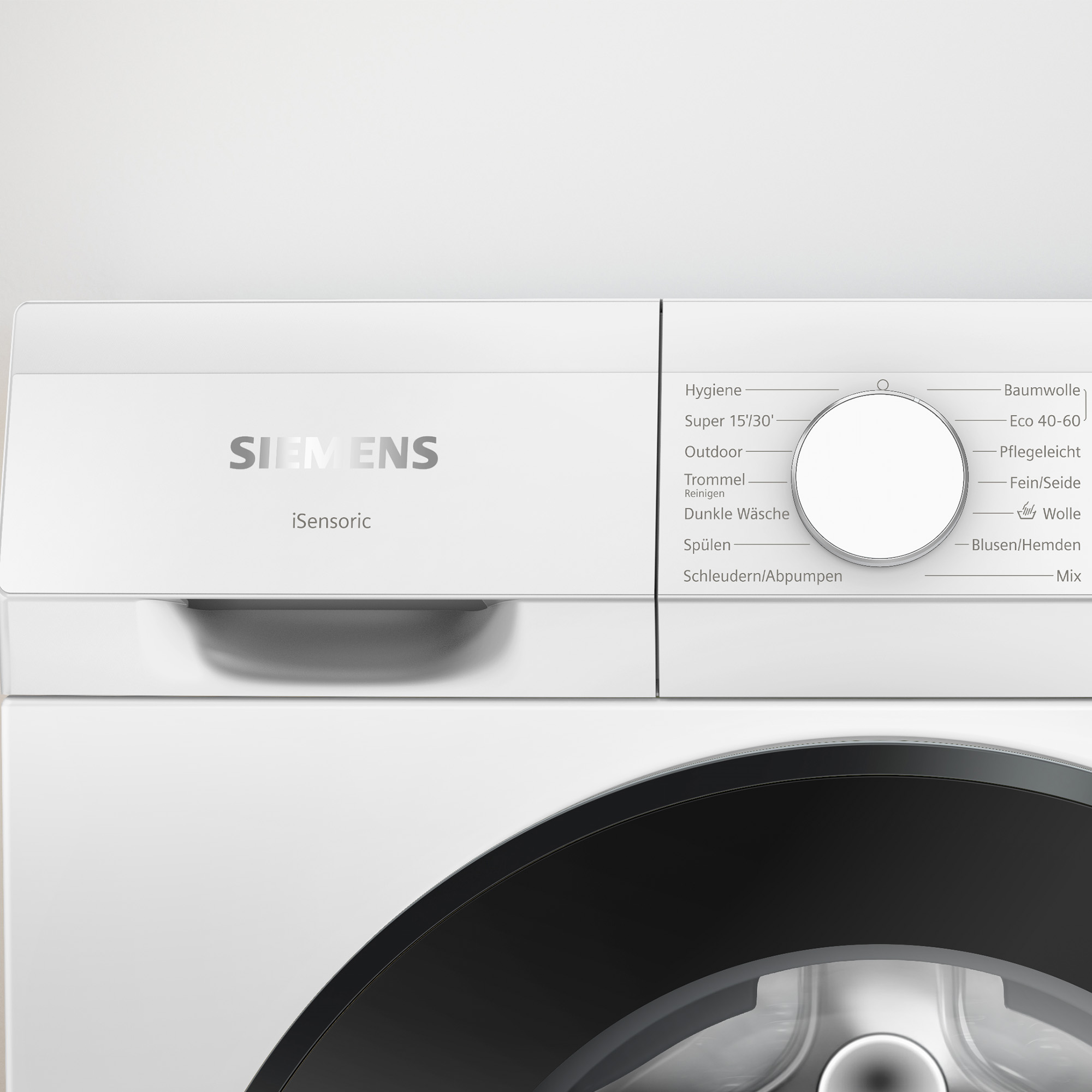 Panel sterowania białej pralki Siemens, z dużym pokrętłem i etykietami tekstowymi.