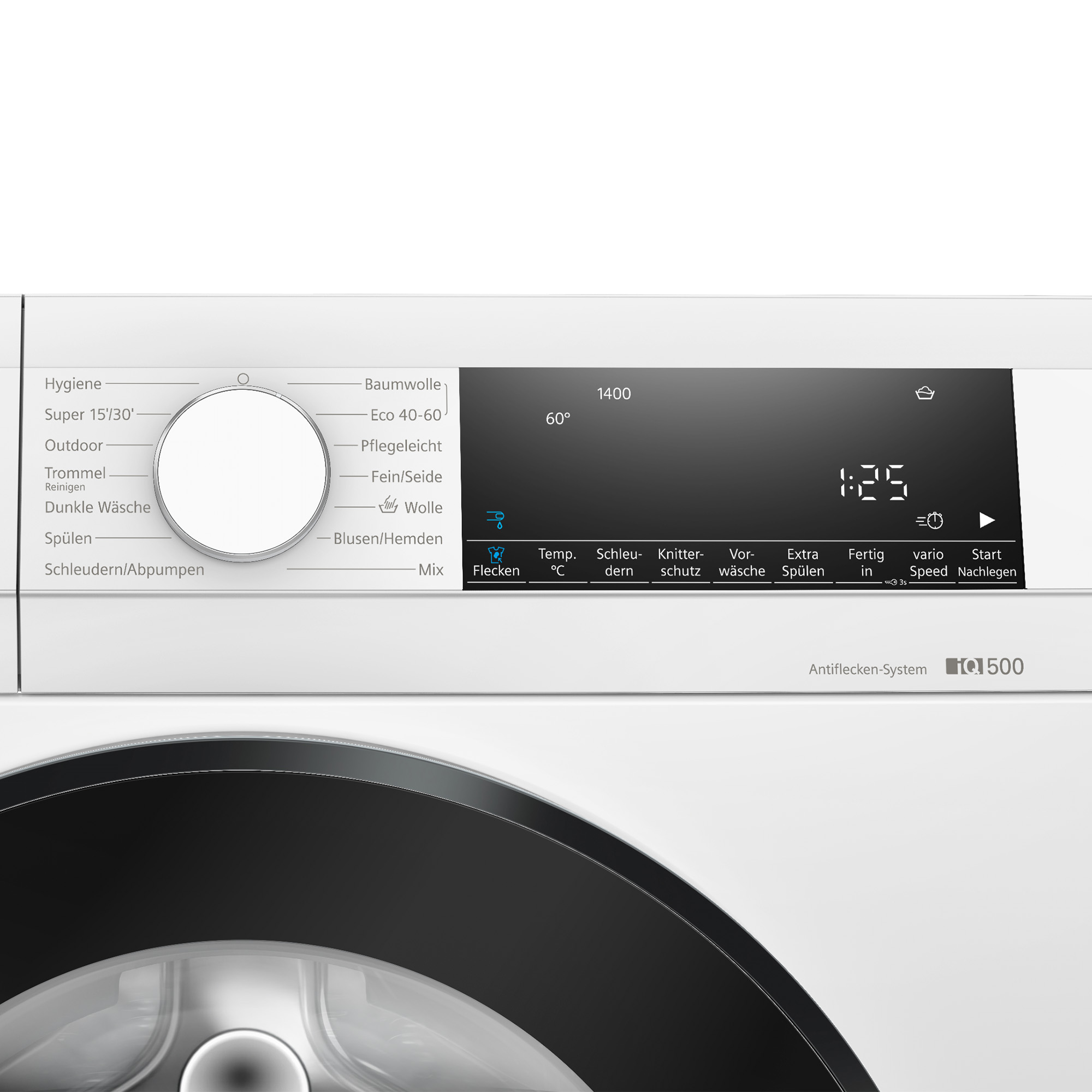 Zbliżenie panelu sterowania białej pralki z różnymi opcjami programów i wyświetlaczem cyfrowym.