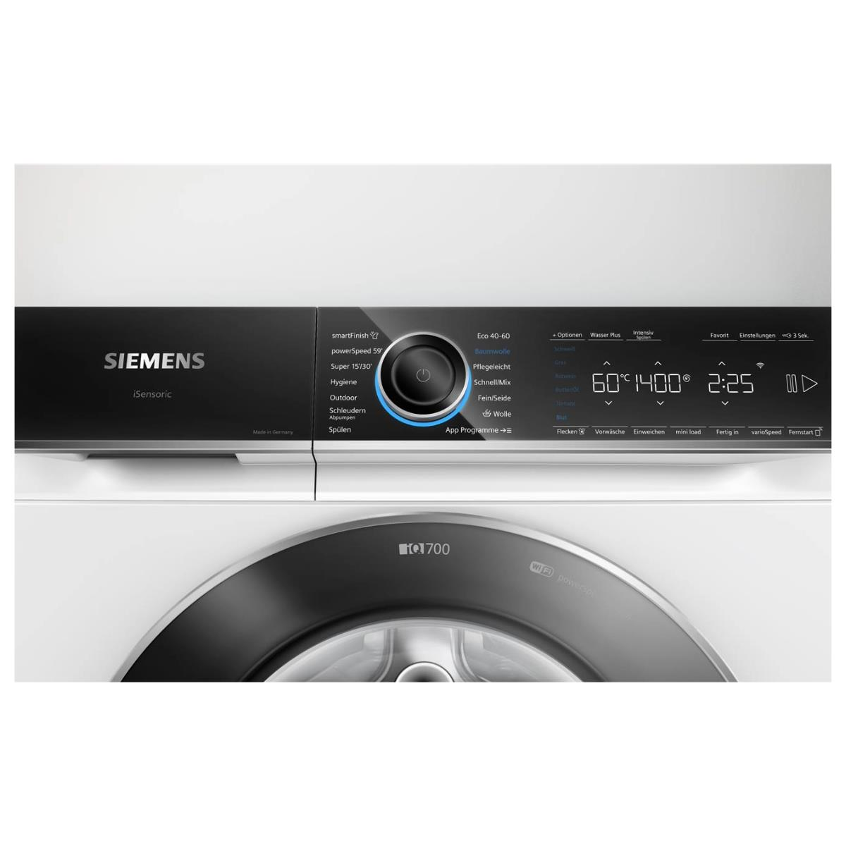 Zbliżenie panelu sterowania pralki Siemens, pokazujące różne ustawienia i wyświetlacz cyfrowy.