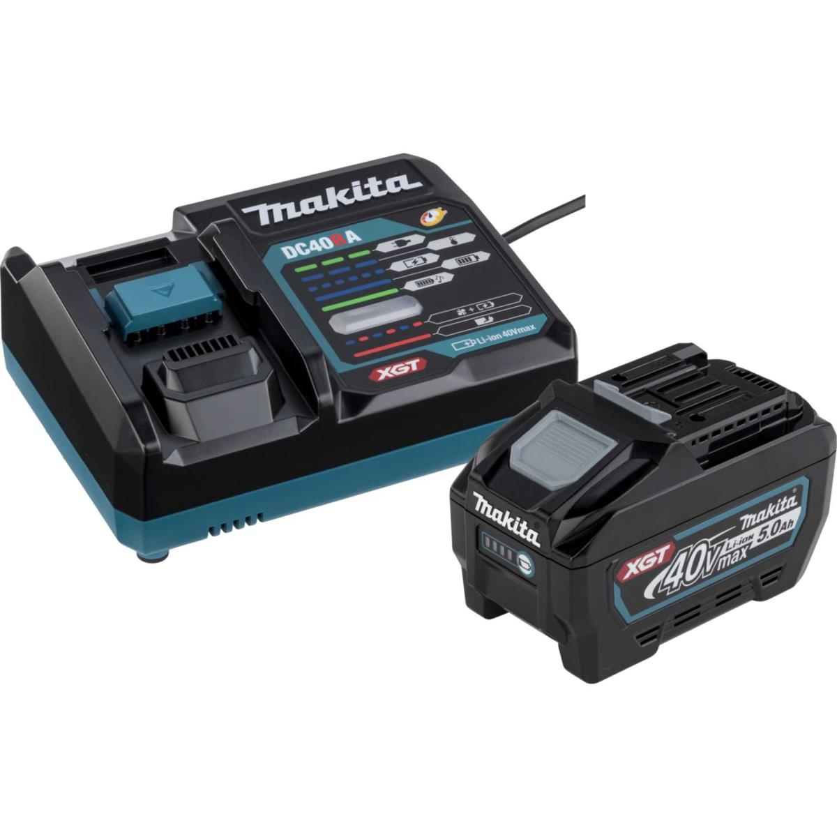 Schwarzes Makita Ladegerät und Akku. Ladegerät hat einen blauen Akzent, Akku hat ein schwarz-blaues Design.