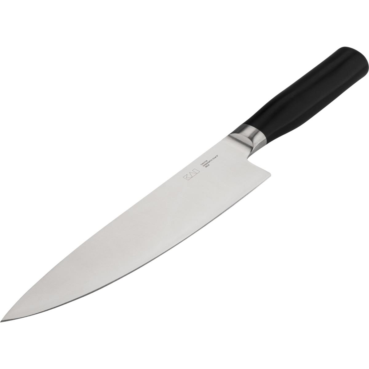 Ein Kochmesser mit schwarzem Griff und silberner Klinge, schräg auf weißer Oberfläche.