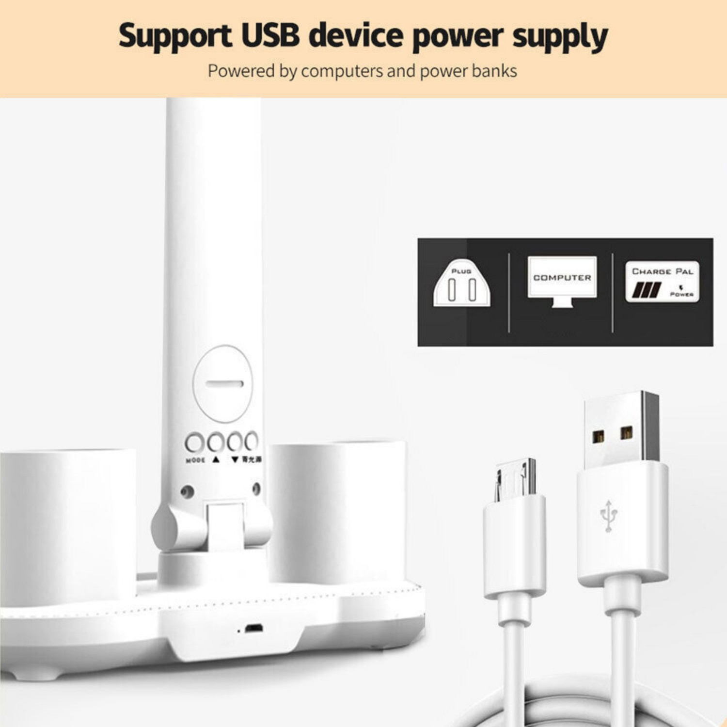 Eine weiße Ladestation mit zwei weißen Tassen, einem USB-Kabel und einem Stromsymbol.