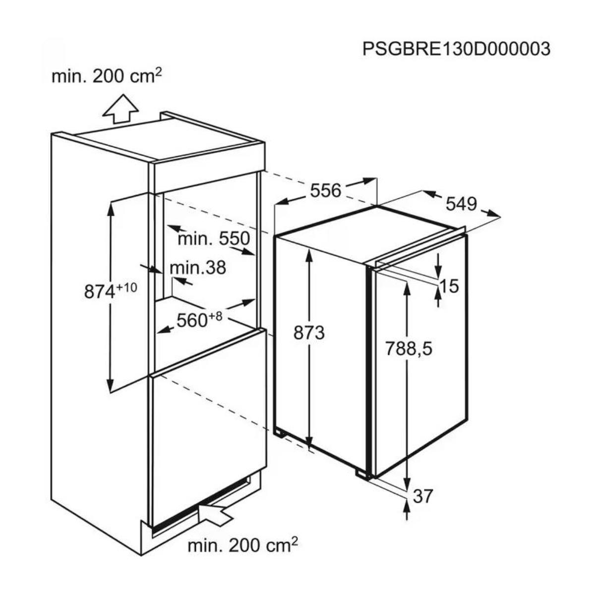 Diagramm mit Abmessungen eines Einbaugeräts, in Schwarzweiß.
