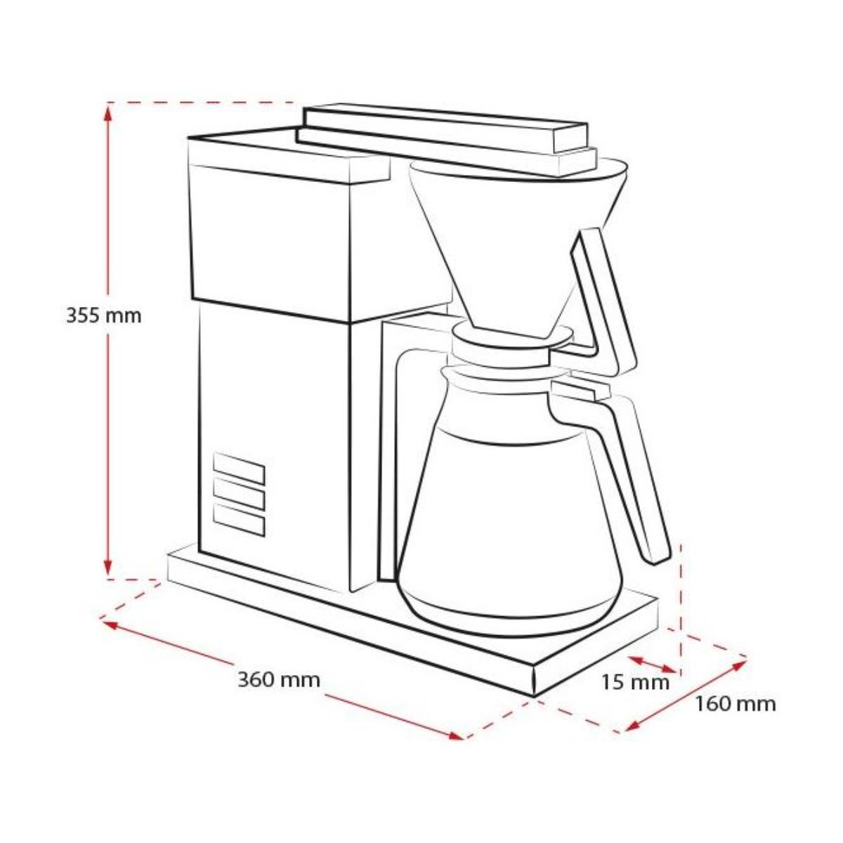 Schemat ekspresu do kawy. Czarne linie. Kształt prostokątny. Wymiary w mm. Białe tło.