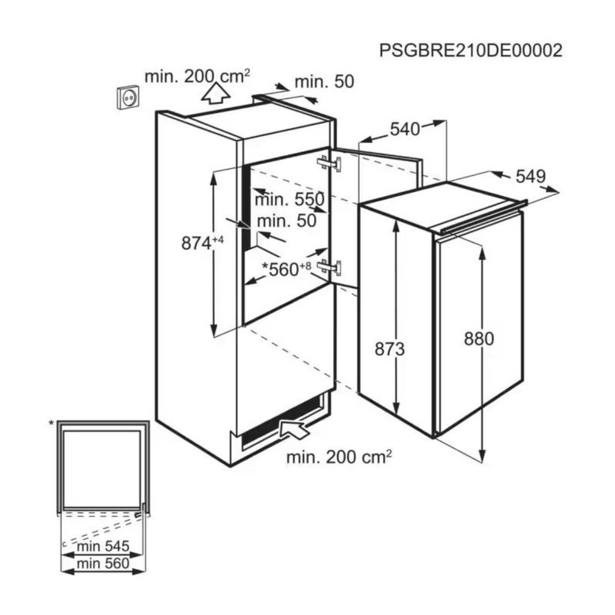 Diagramma di un frigorifero che mostra dimensioni e requisiti di installazione.