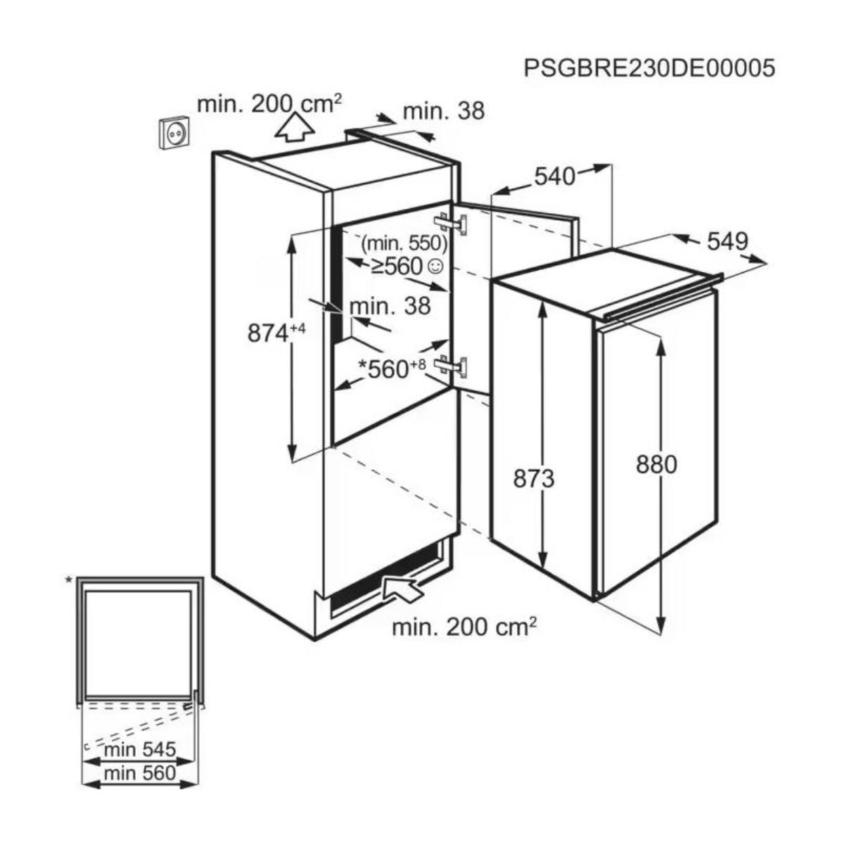 Disegno tecnico di un frigorifero che mostra dimensioni e misure.