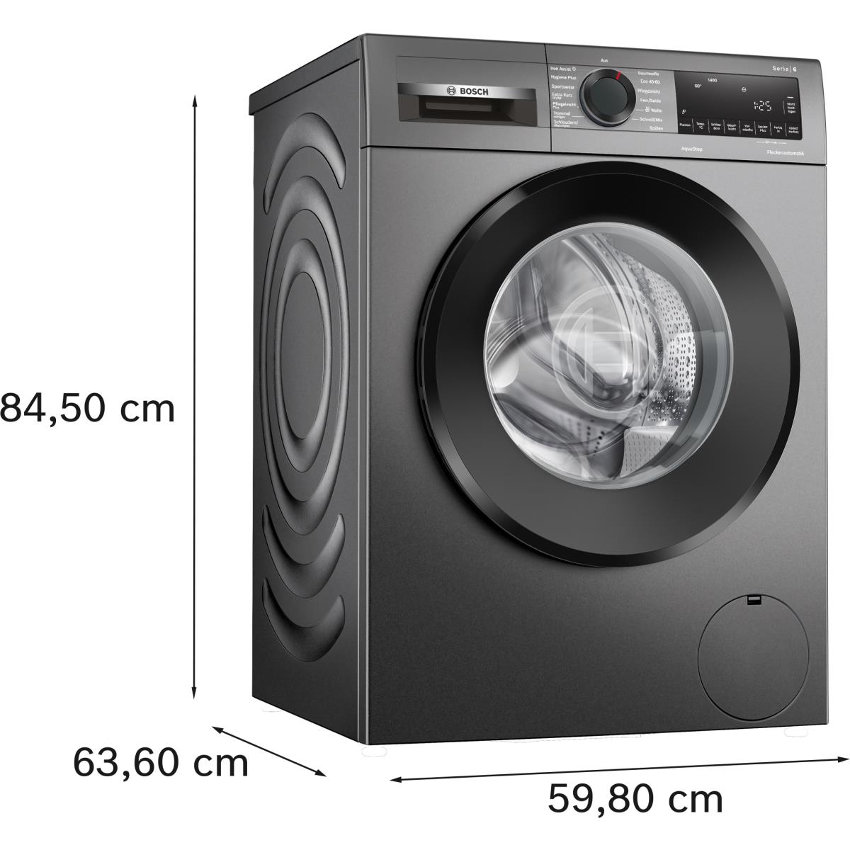 Donkergrijze wasmachine met afmetingen. Witte achtergrond.