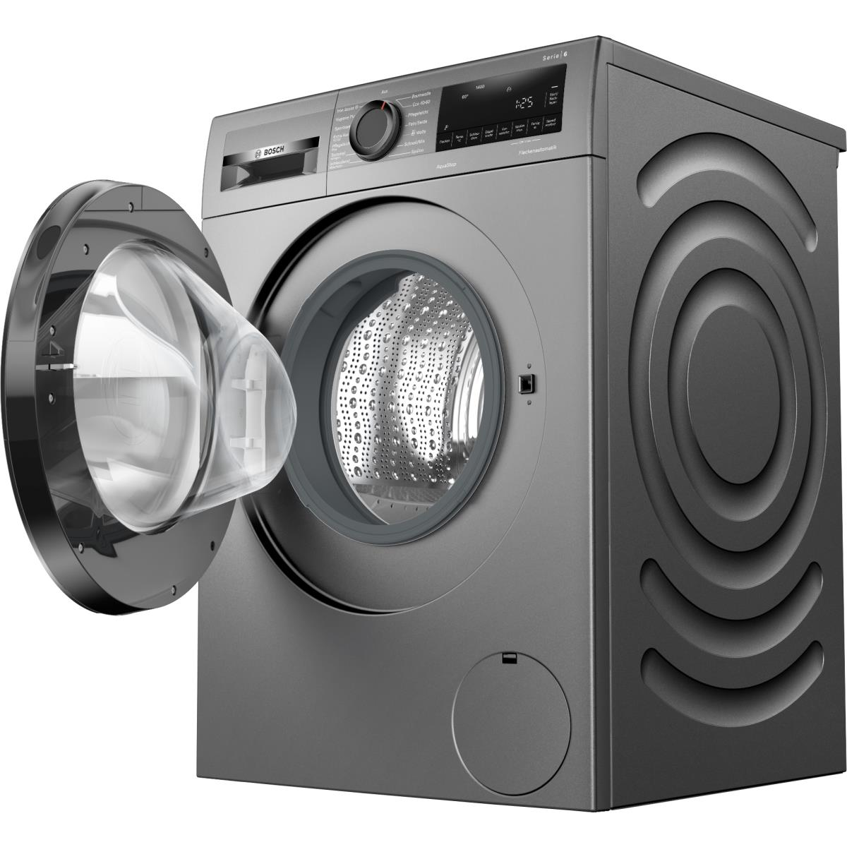 Een grijze Bosch wasmachine met een open deur. De deur heeft helder glas.