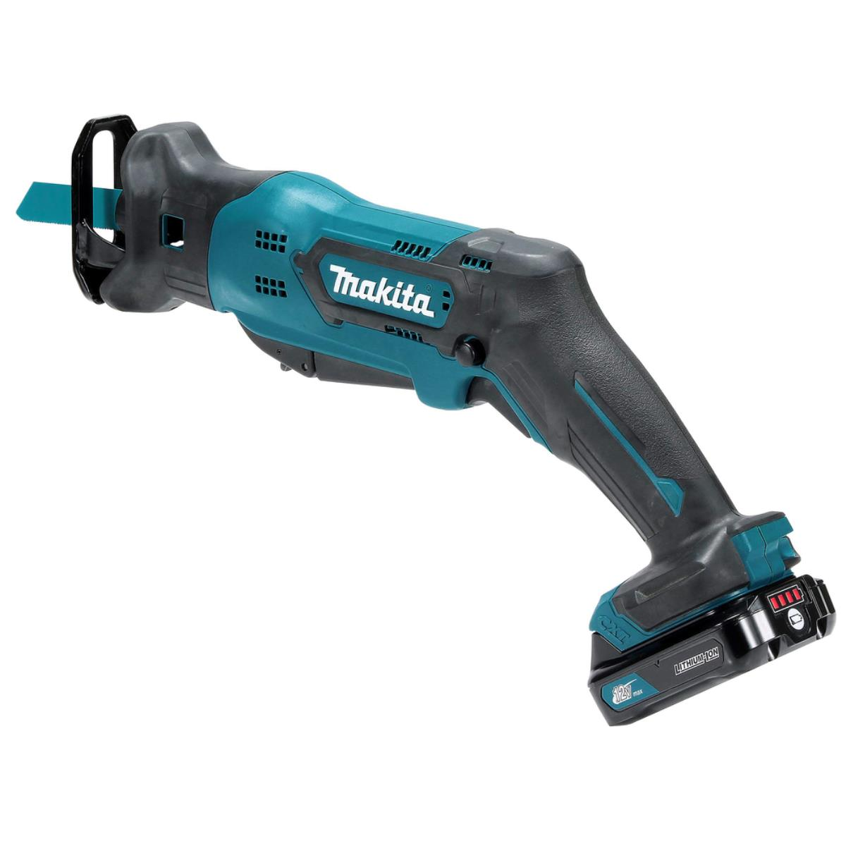 Makita Säbelsäge, türkis und schwarz, mit Akku. Die Klinge ist sichtbar.