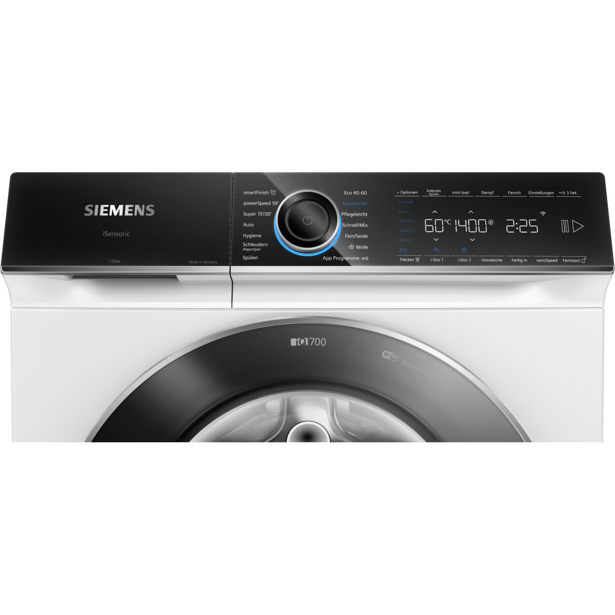 Bedienfeld einer weißen Siemens Waschmaschine mit schwarzer oberer Blende.