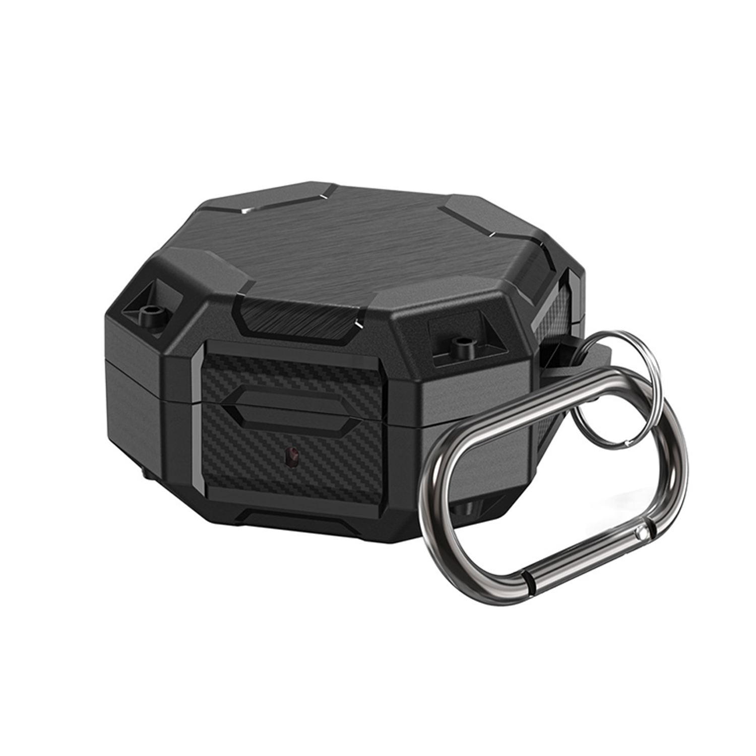 Schwarzes, achteckiges Kopfhörer-Etui mit angebrachtem silbernen Karabiner.