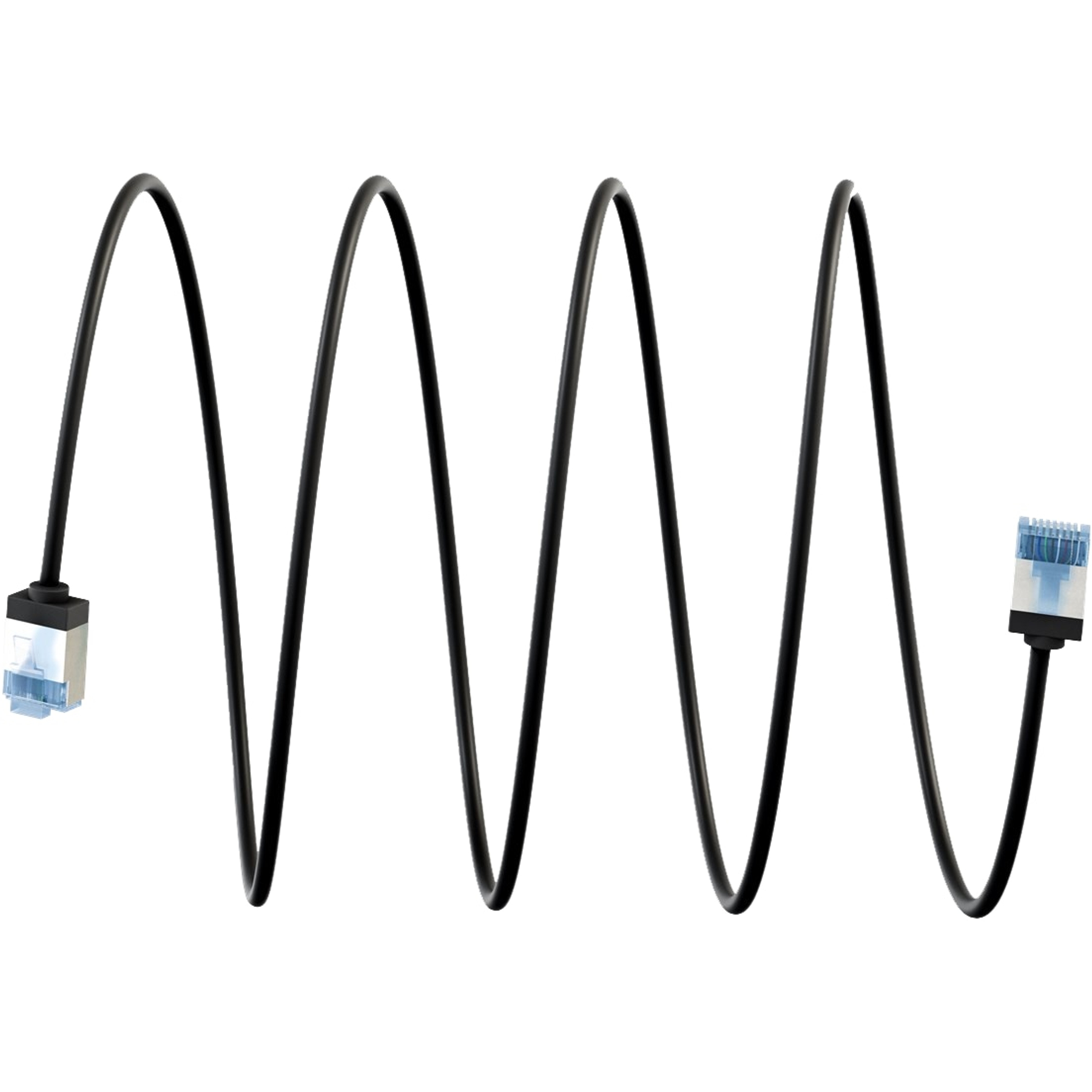 Czarny kabel sieciowy w kształcie fali ze złączami na białym tle.