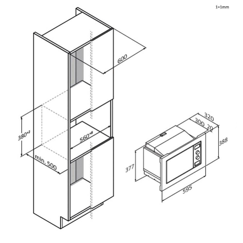 Diagramma di un forno a microonde ad incasso e armadio con misure. Sfondo bianco.