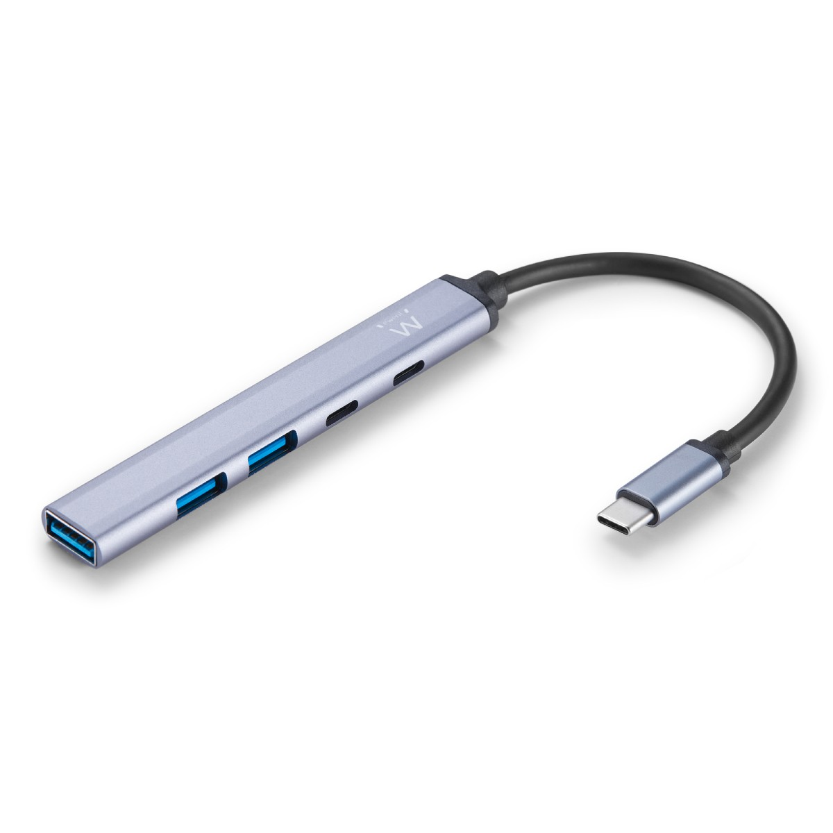 Hub USB argento e nero con quattro porte USB e un connettore USB-C.