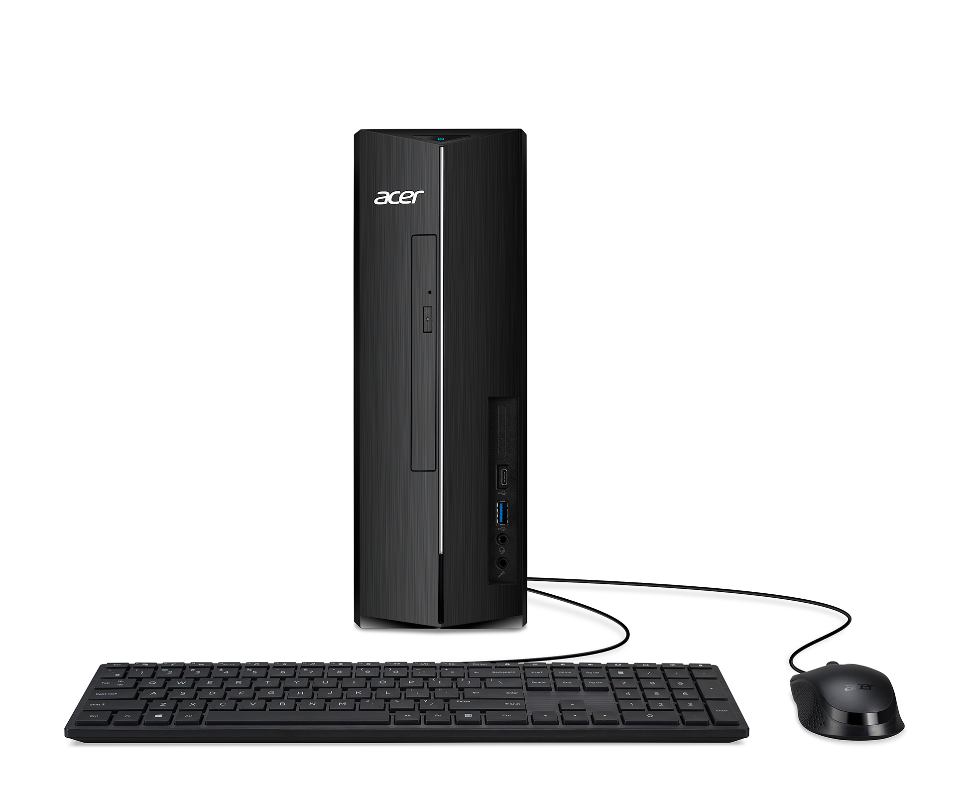 Czarny komputer stacjonarny Acer z czarną klawiaturą i myszą na białym tle.