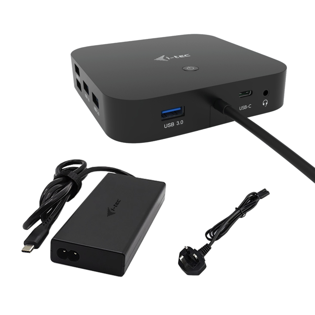 Una docking station nera con porte USB, adattatore di alimentazione e cavo.