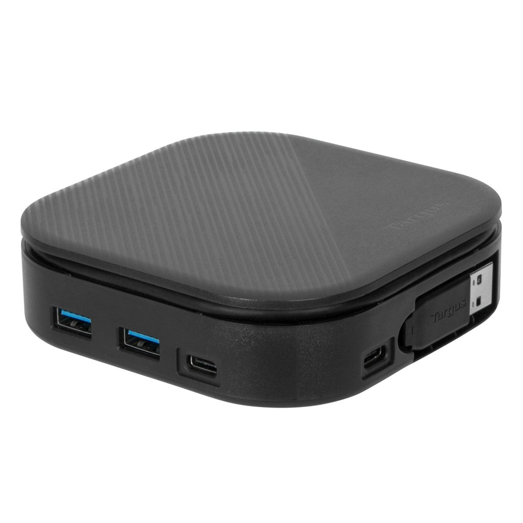 Hub USB quadrato nero con porte.