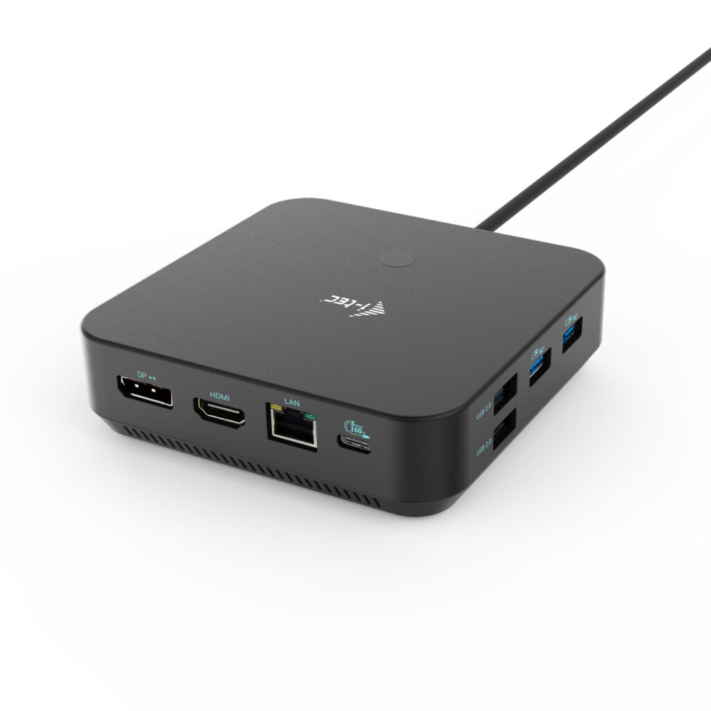 Zwart I-Tec USB-C dockingstation met verschillende poorten, op een witte achtergrond.