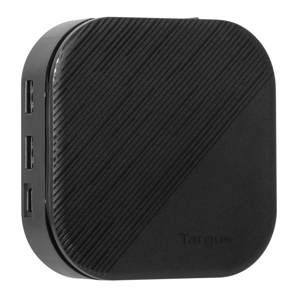 Hub USB Targus nero con più porte USB. Design quadrato e angolato.