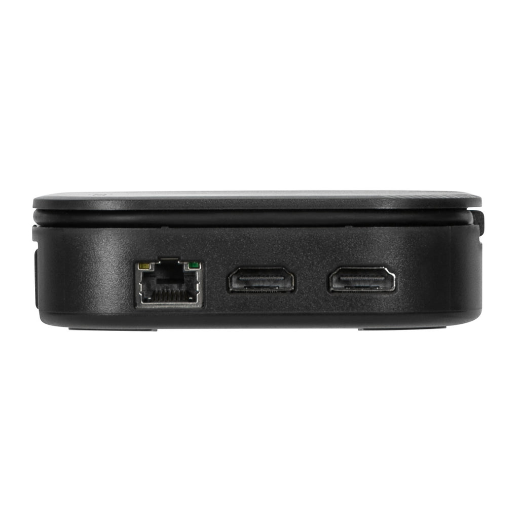 Dispositivo nero con porte. Porte RJ45, HDMI e USB. Custodia nera. Sfondo bianco.