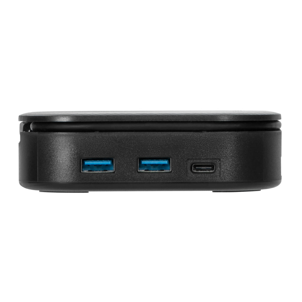 Mini computer nero con porte USB e USB-C. Sfondo bianco.