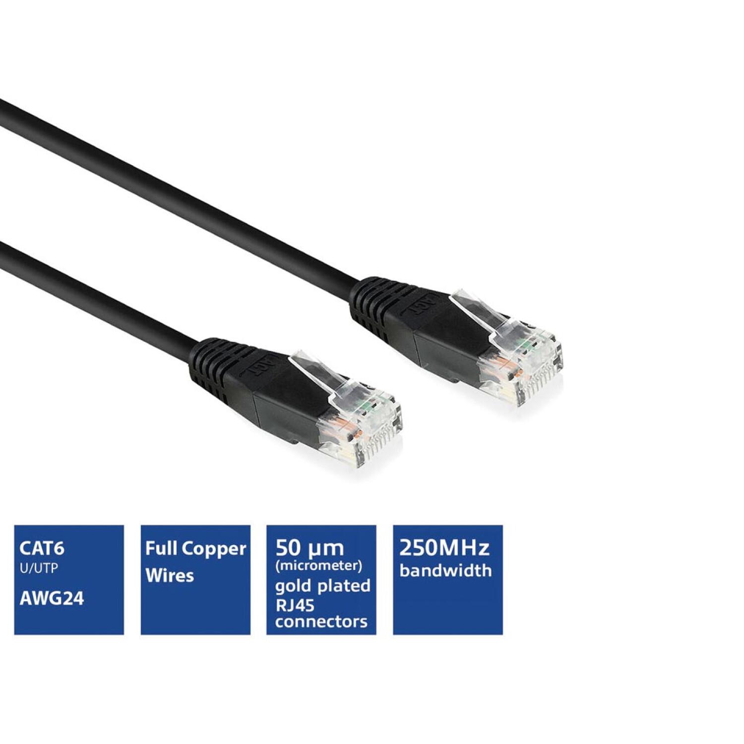 Due cavi di rete neri con connettori neri. Testo: CAT6, Full Copper, 50um RJ45, 250MHz.